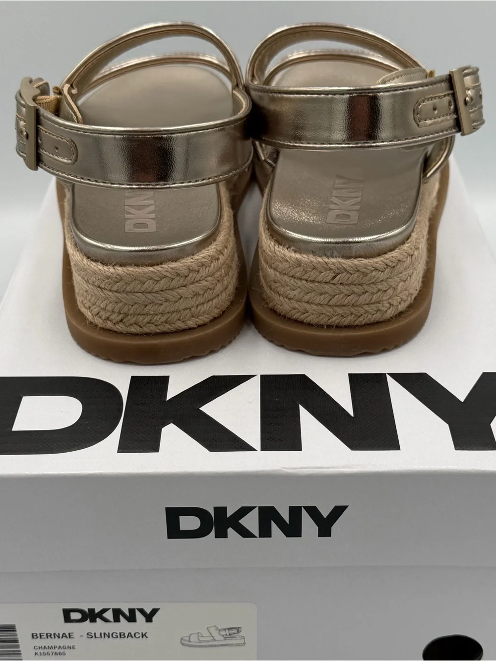 DKNY Metallic Champagne Bernae Slingback Platform Sandals with Ankle Strap NIB